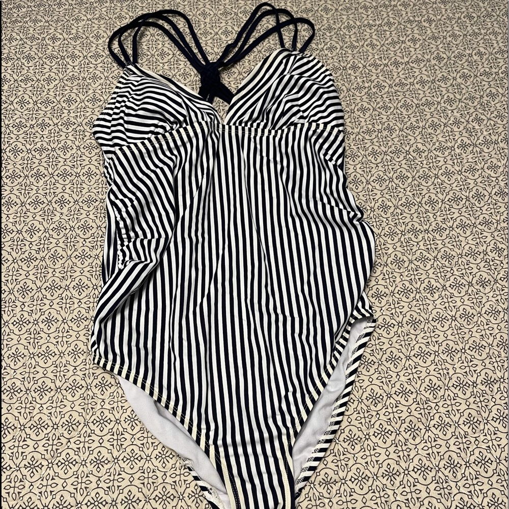 Maternity swimsuit navy and white stripes